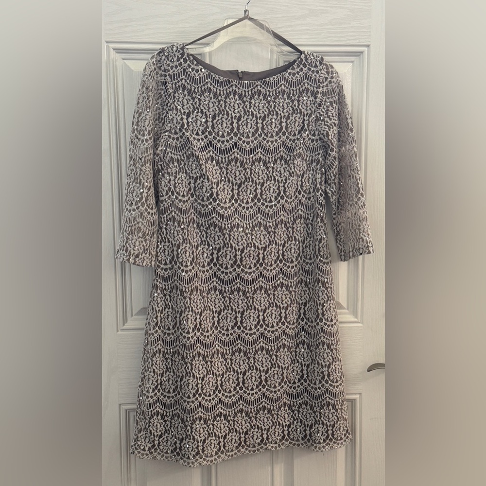 Elegant Tan and White Lace Dress
